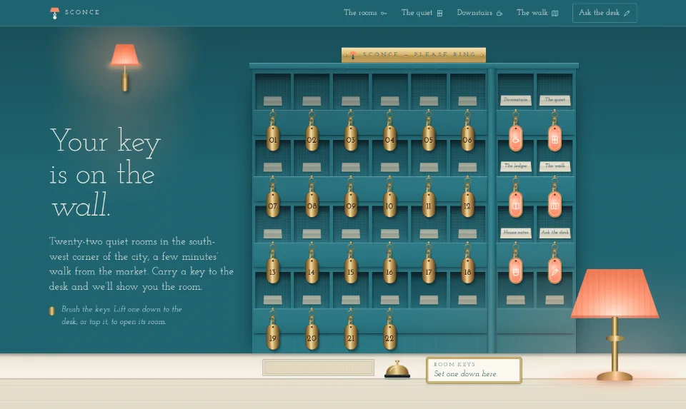 The front page: pigeonholes with brass keys hanging from rails, a bell and a coral lamp on the desk