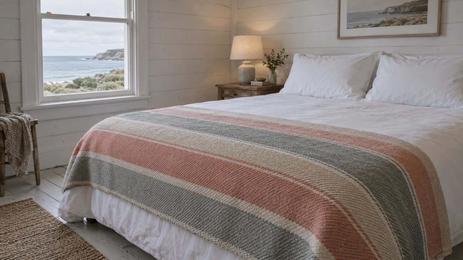 A made bed in a whitewashed cottage room, a coral, undyed and grey striped throw across its foot