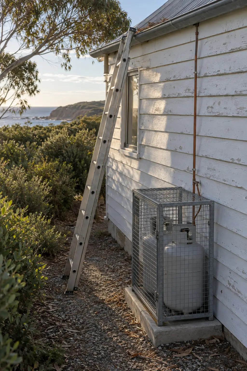 A ladder against a cottage gutter above a steel cage holding two unmarked gas bottles