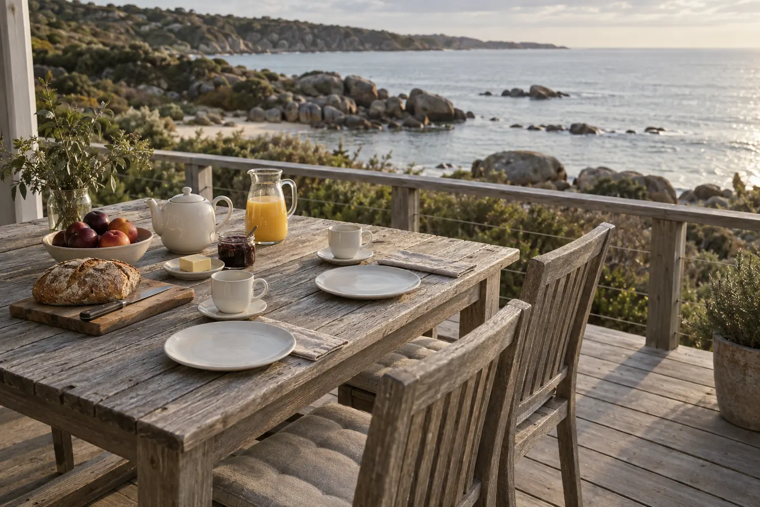 Breakfast for two on a weathered deck: bread, stone fruit, a teapot and juice, the sea beyond the rail