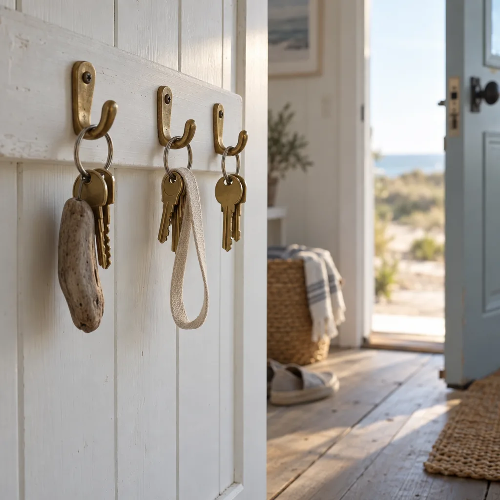 Plain house keys on brass hooks beside an open cottage door