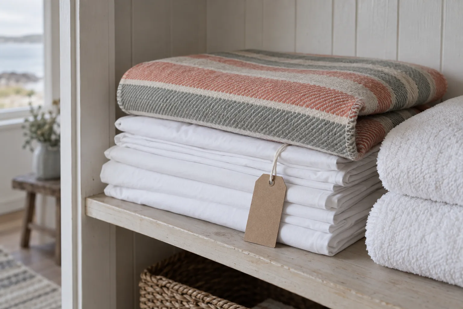 Folded white sheets and towels on a cupboard shelf, a coral, undyed and grey striped throw folded on top with its finished edge showing