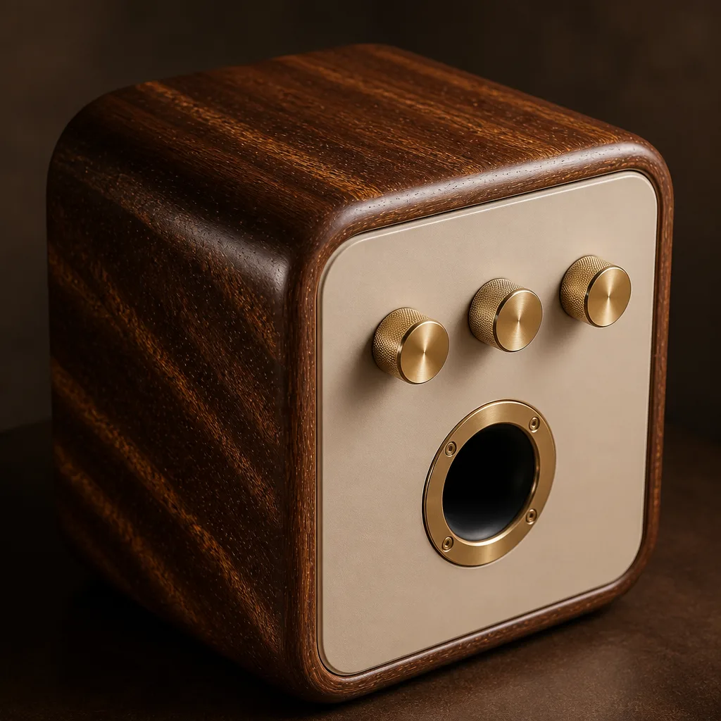 The back of a blackwood loudspeaker: a cream panel with three knurled brass knobs and a brass-ringed port.