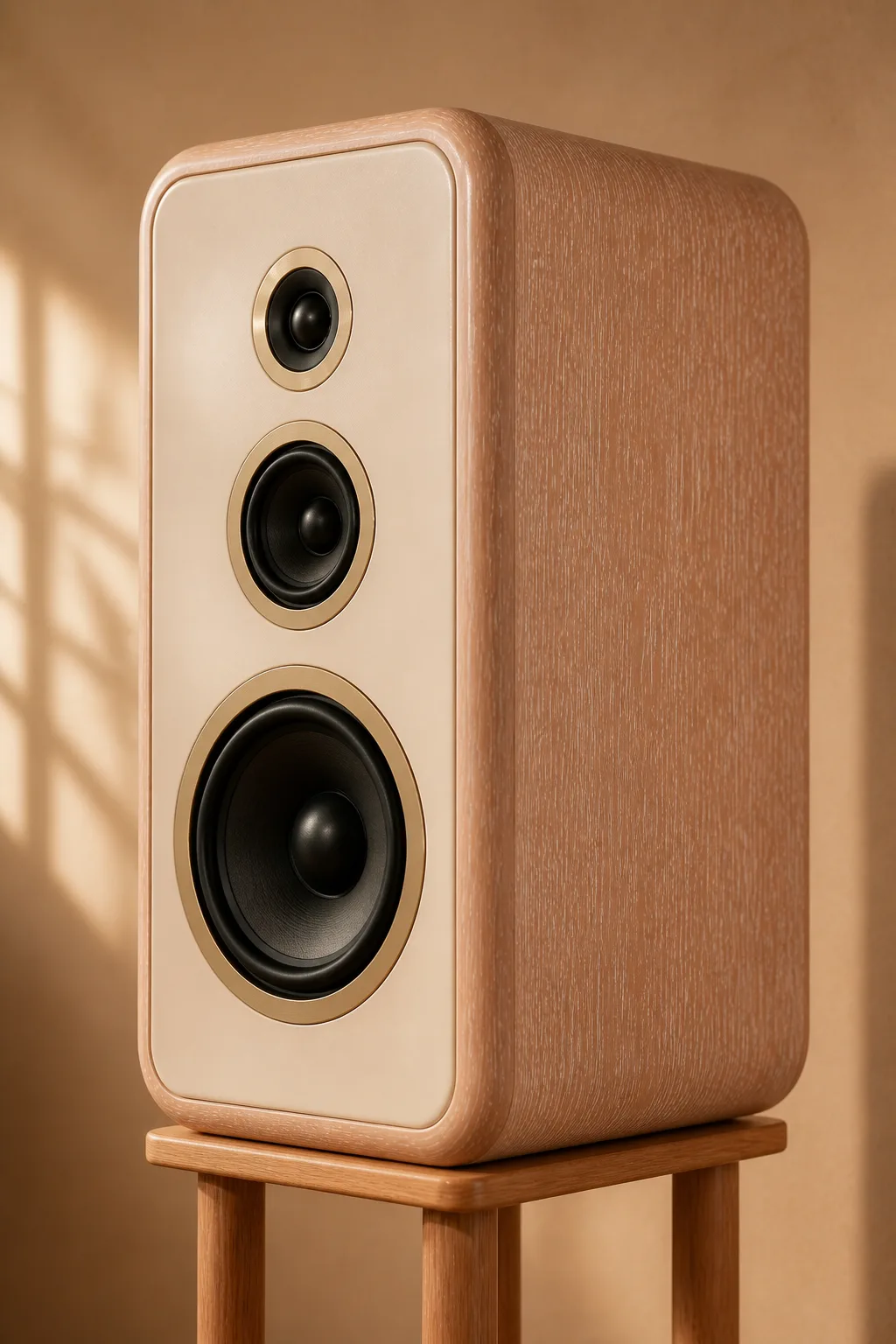 Close on the Standmount: its cream front with three brass-ringed drivers, and the rounded sheoak side flecked with silver rays.
