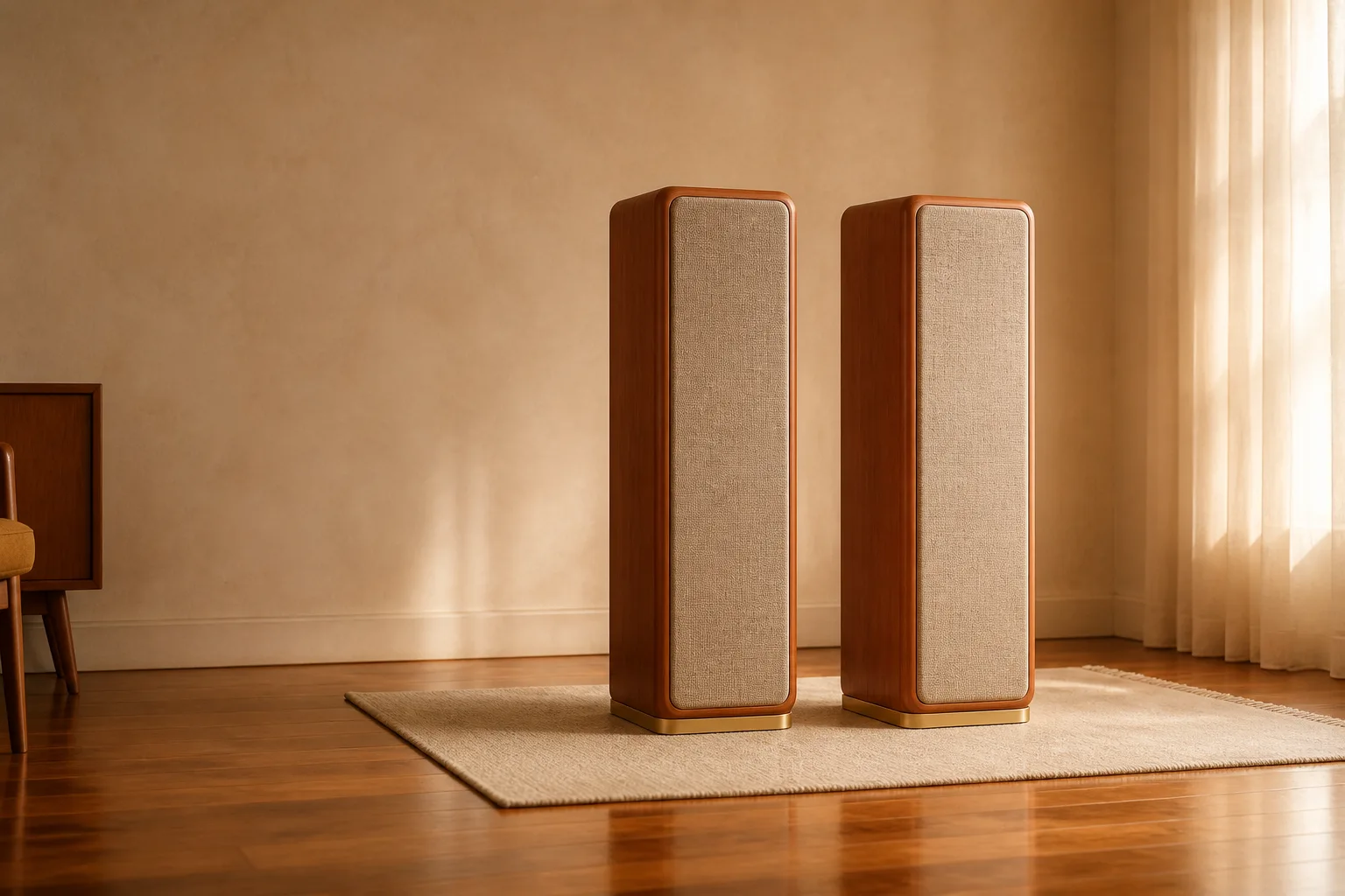 A pair of tall river red gum loudspeakers with oatmeal cloth grilles in a quiet living room, an ochre armchair at the edge.