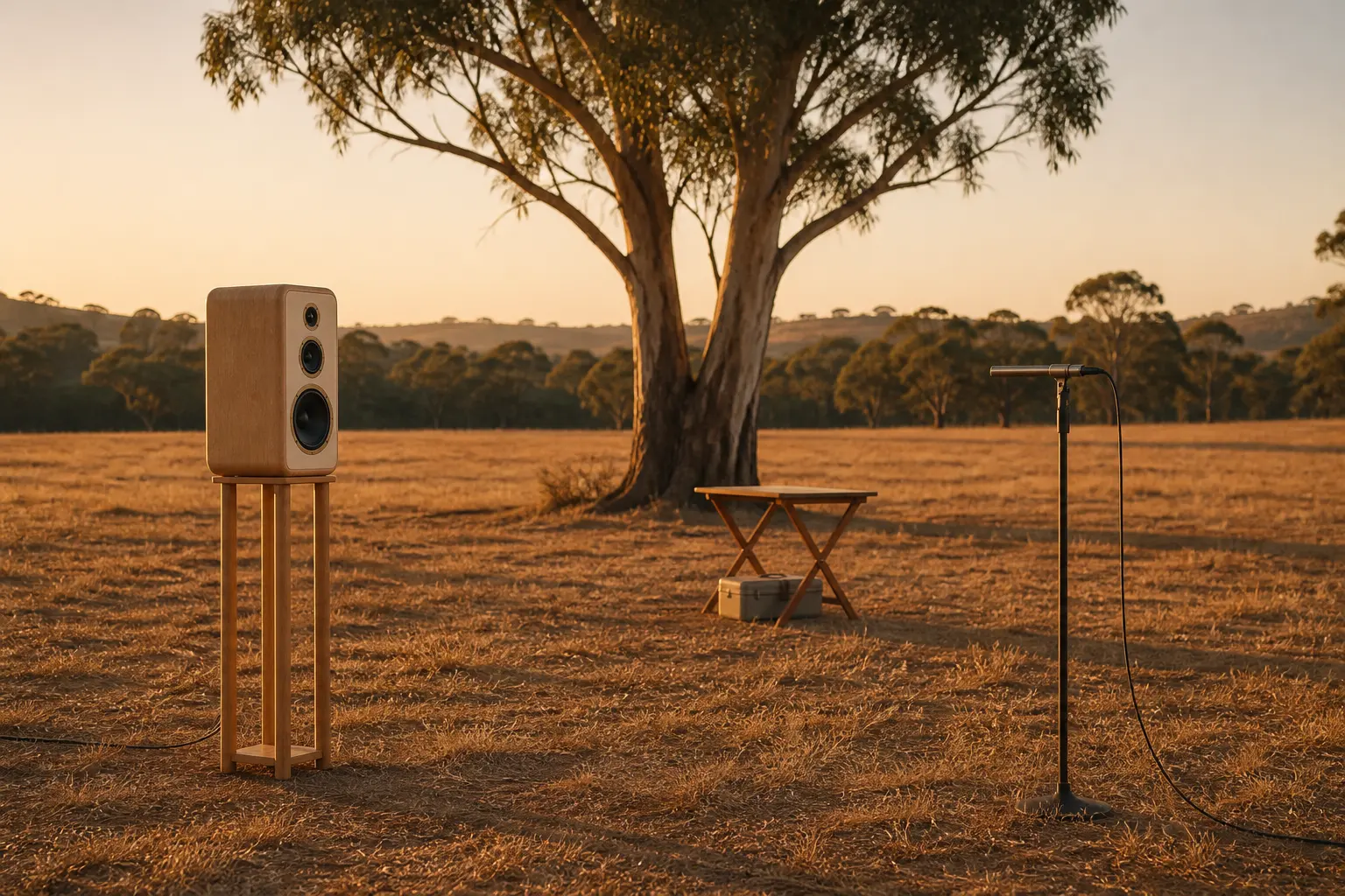 A small sheoak loudspeaker on a tall timber stand in a dry paddock at golden hour, with a slim microphone on a stand a few metres away and a river red gum behind.