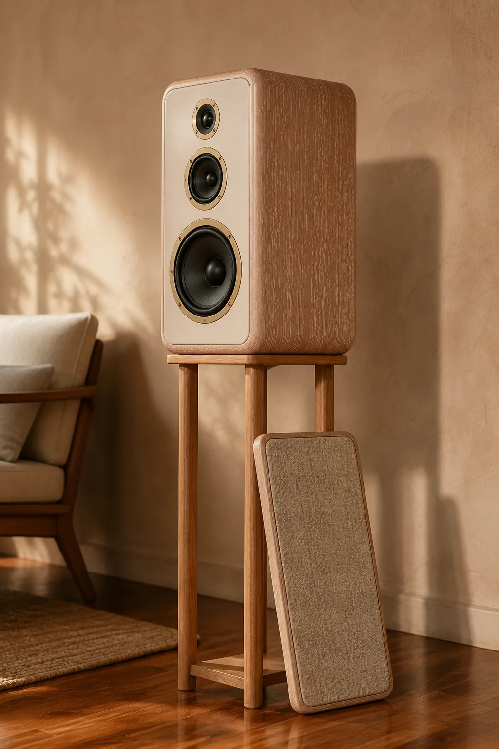 A small three-way loudspeaker in pale sheoak with a cream front and brass-ringed drivers, on a slim timber stand in late sun; its cloth grille leans against the stand.