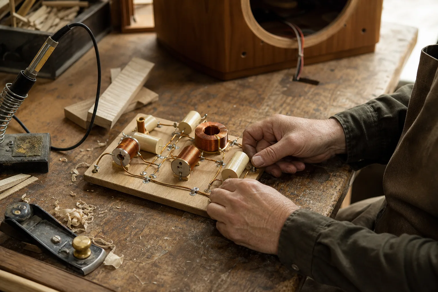 Hands in a long-sleeved work shirt fitting copper coils and cream capacitors to a timber board on a workbench scattered with shavings.