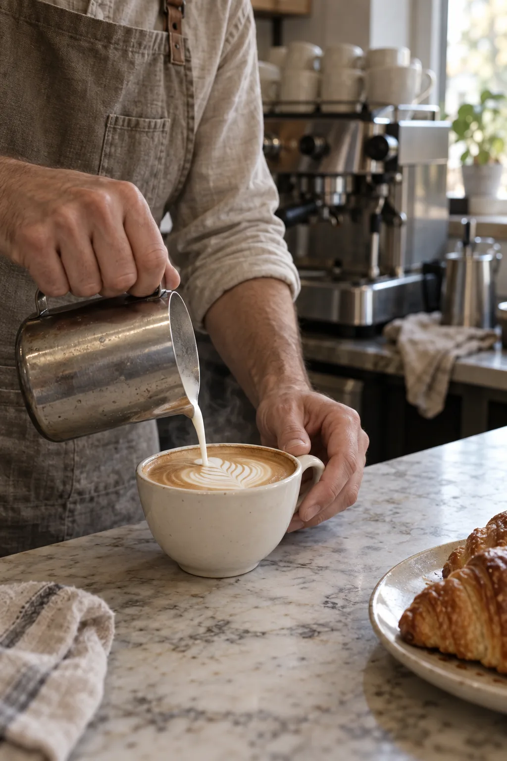 A barista&rsquo;s hands pouring steamed milk into a cup of espresso on the marble counter.