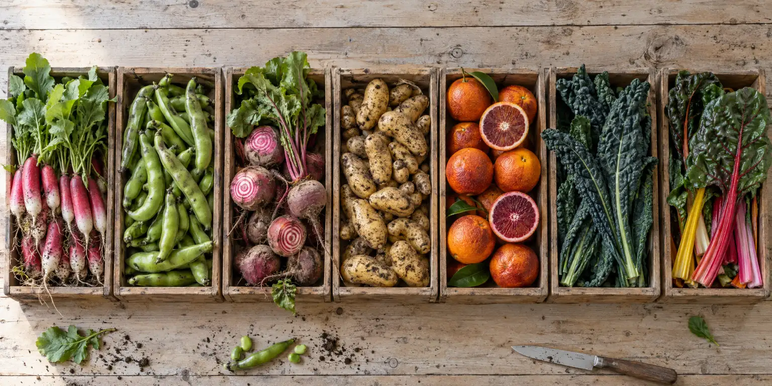 Tuesday&rsquo;s produce from above on the kitchen table, a crate of each: radishes, broad beans, beetroot, kipfler potatoes, blood oranges, cavolo nero and rainbow silverbeet.