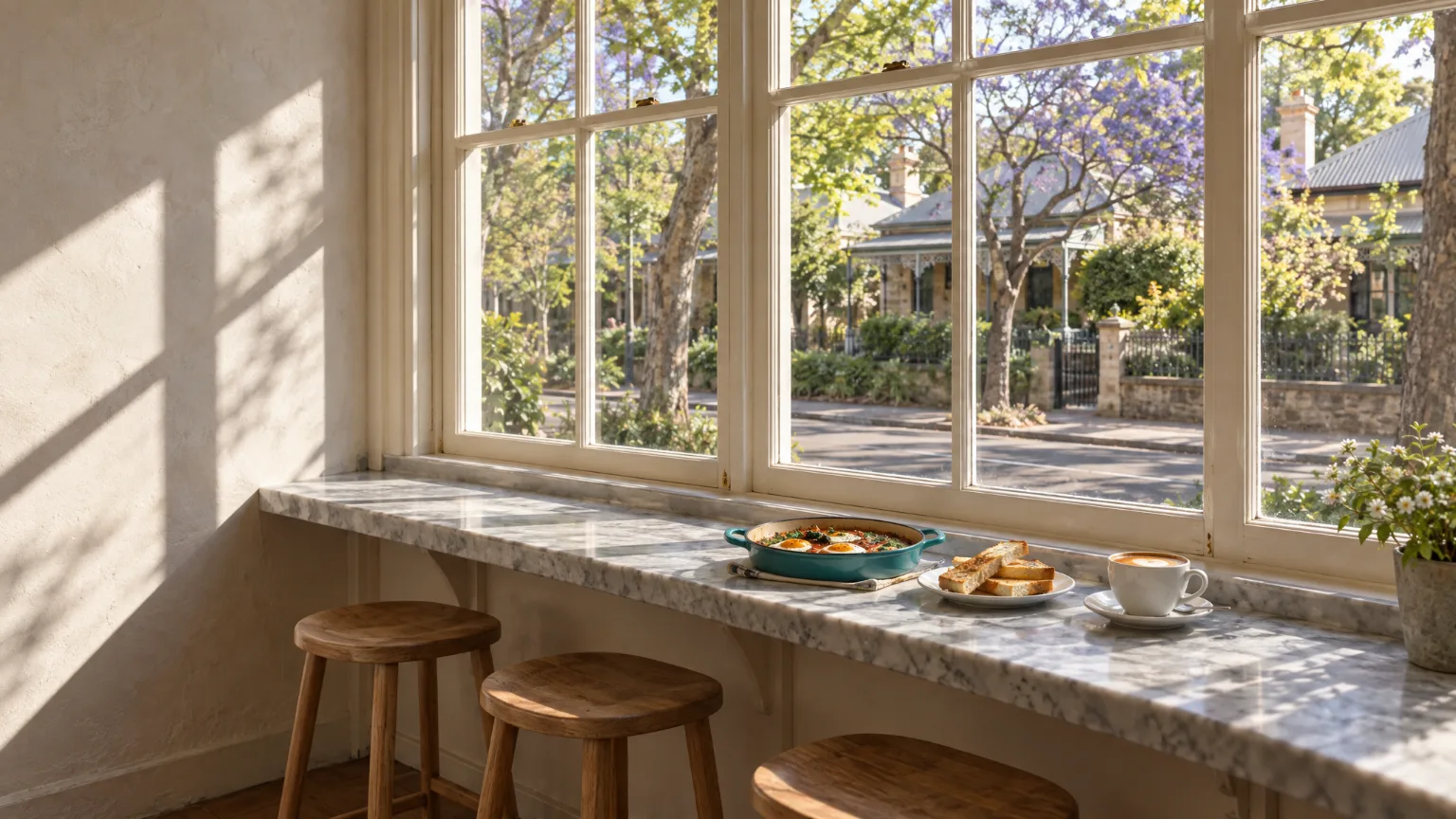 The window seat: a long marble ledge under the old shopfront window with stools tucked under it, baked eggs, toast and a coffee on it, and a leafy Parkside street in the morning sun beyond the glass.