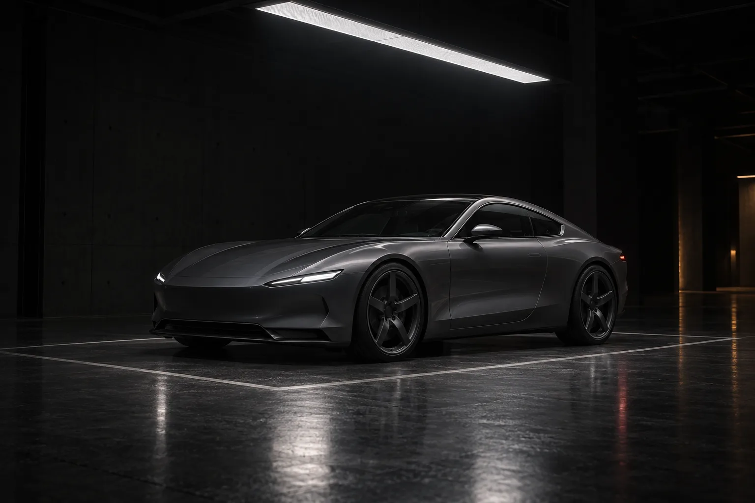The grey coupé from the front three-quarters, parked in a pool of light in a dark hall.