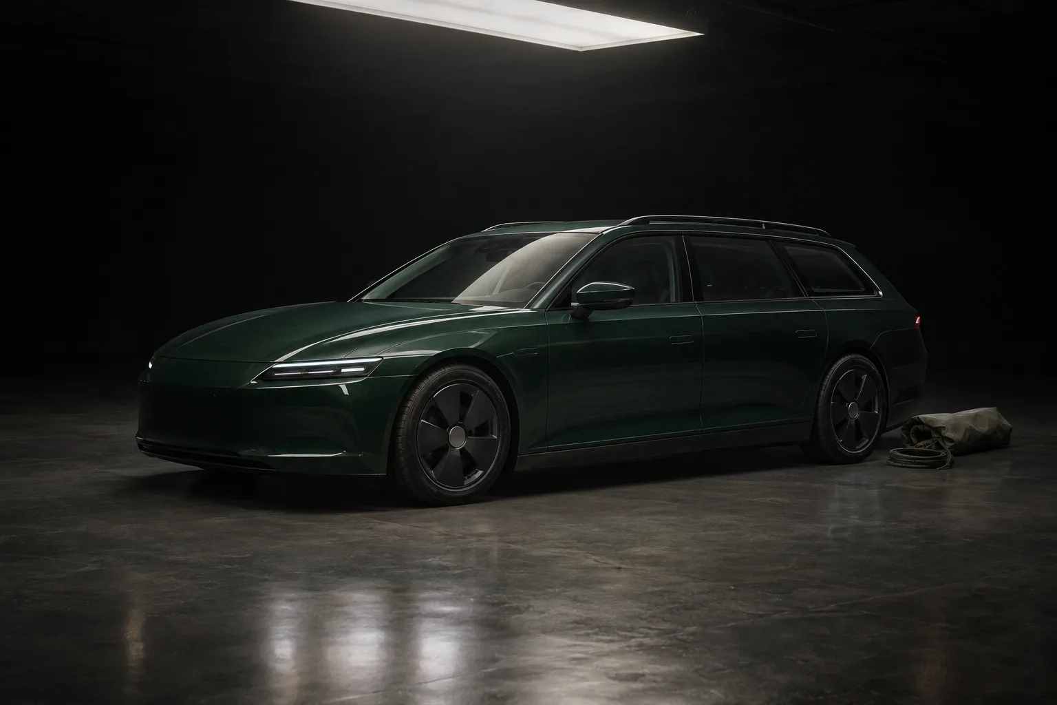 A long green estate car under one light in a dark bay, a folded roof bag on the floor beside it.