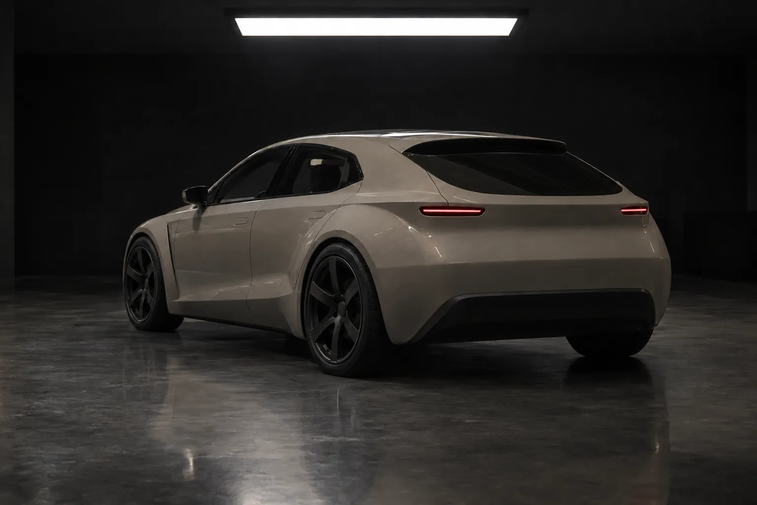 A pale grey hatchback from the rear three-quarters under a single light in a dark bay.