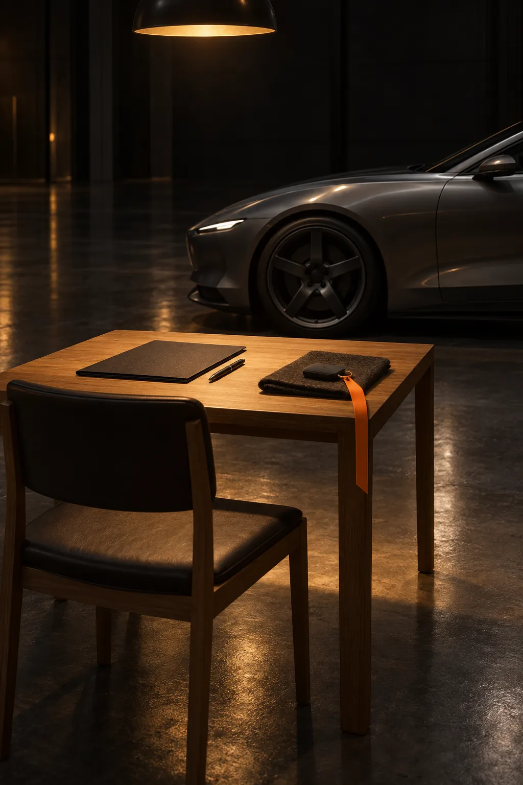 A small oak table under a warm light at the end of the hall, a key with an orange ribbon on a folded cloth, the grey coupé&rsquo;s front wheel behind.