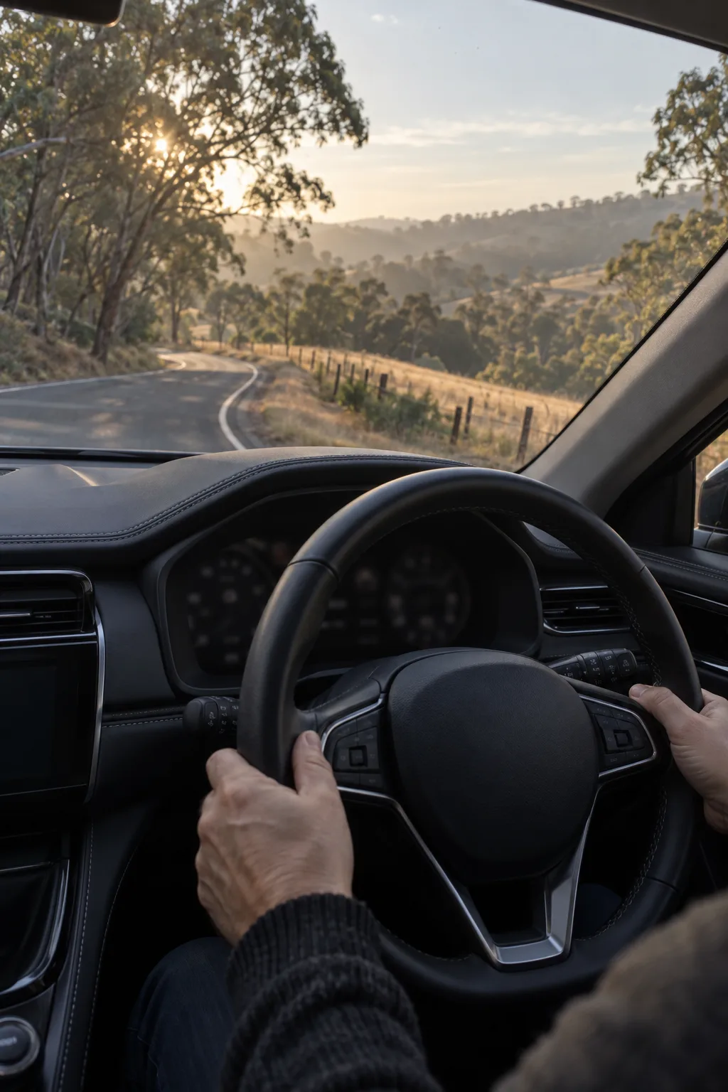 A driver&rsquo;s hands on the wheel as a narrow road bends left between gum trees in the Adelaide Hills, early morning.