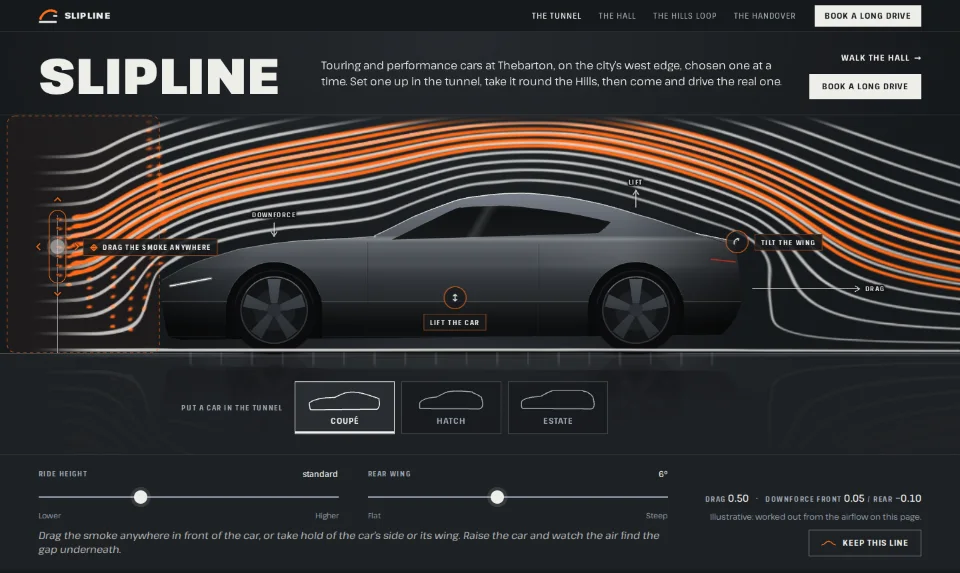 The front page: a grey coupé in side view in a dark wind tunnel, white smoke lines bending round the body, the name above