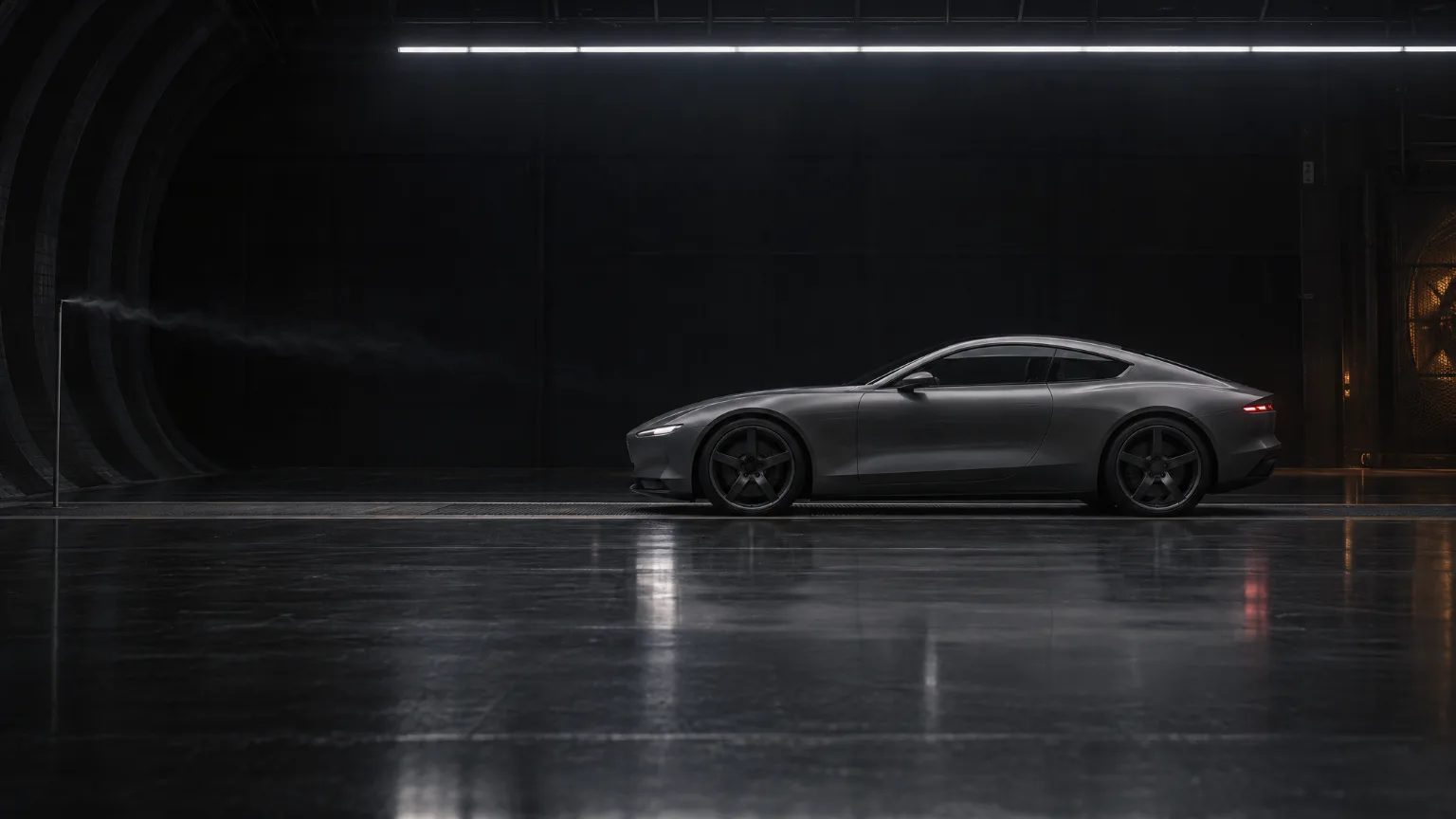 A grey two-door coupé in side view on the floor of a dark wind tunnel, lit from above, a smoke wand at the far left.