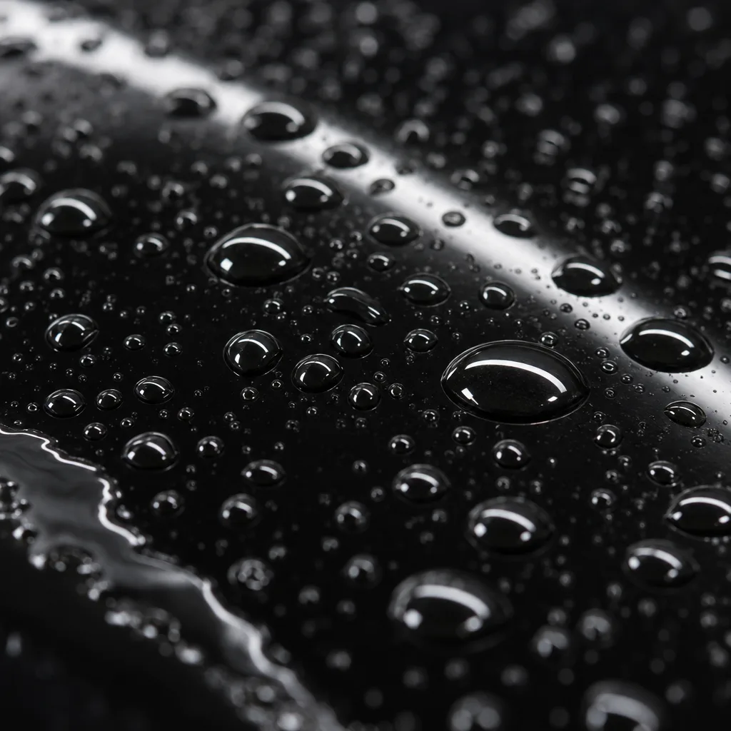 Water beaded into tight round drops on a freshly coated black panel, each drop holding a tiny strip light.