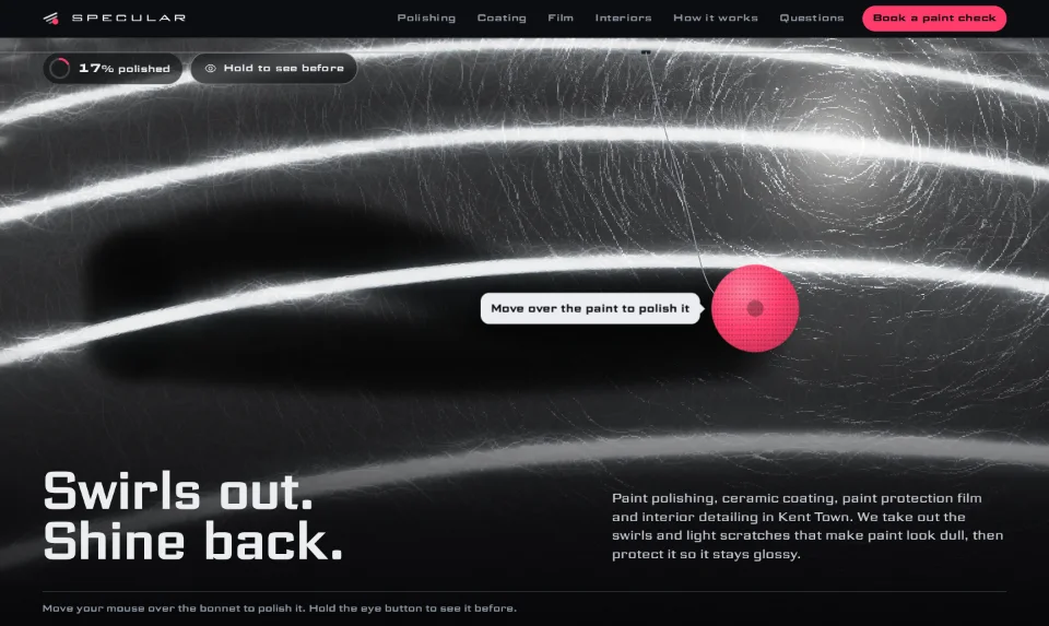The front page: a black bonnet under strip lights, half dull and swirled, half polished, a pink polishing pad on its cord