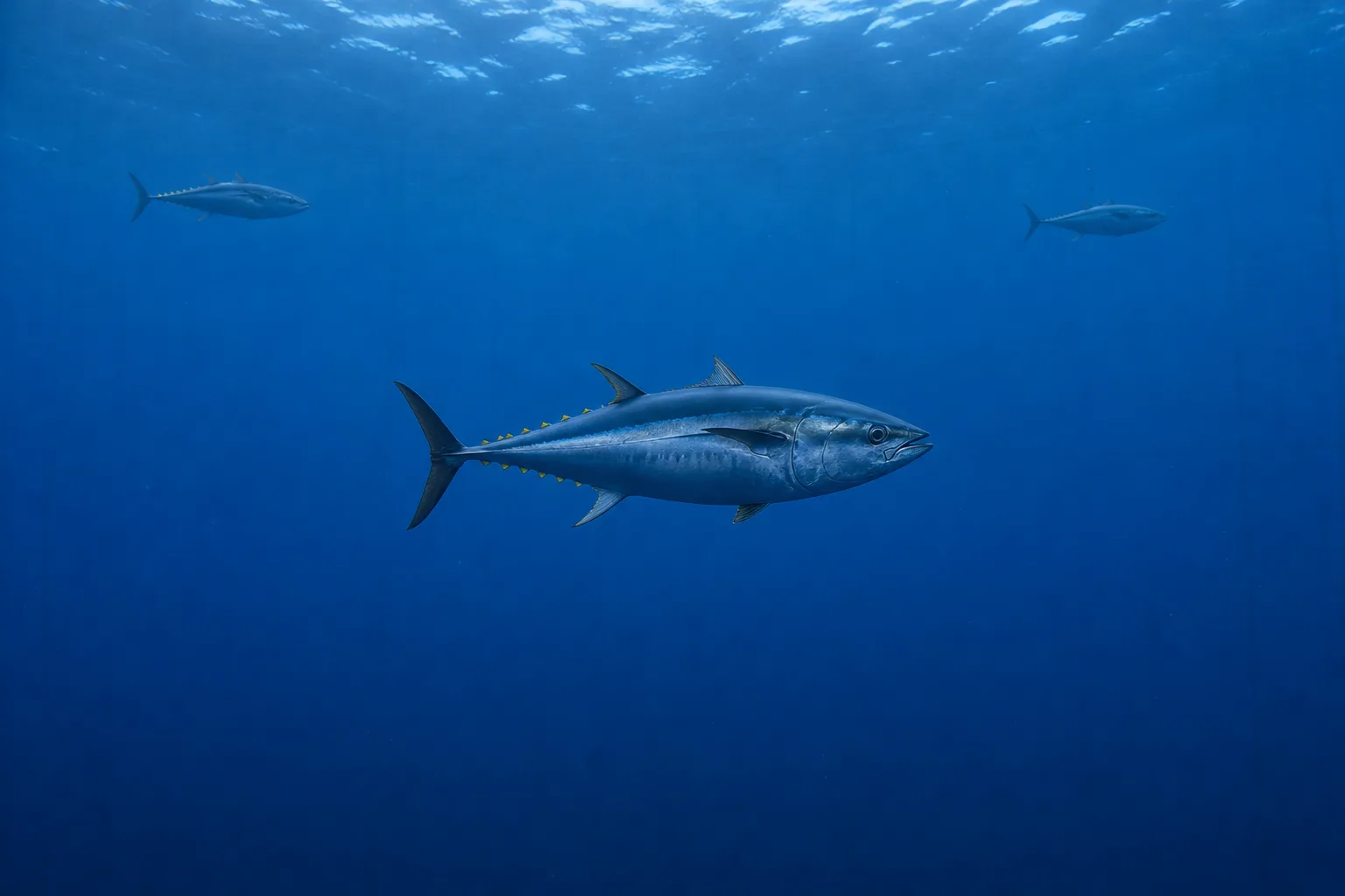 Southern bluefin tuna swimming through deep blue water in a sea pen.