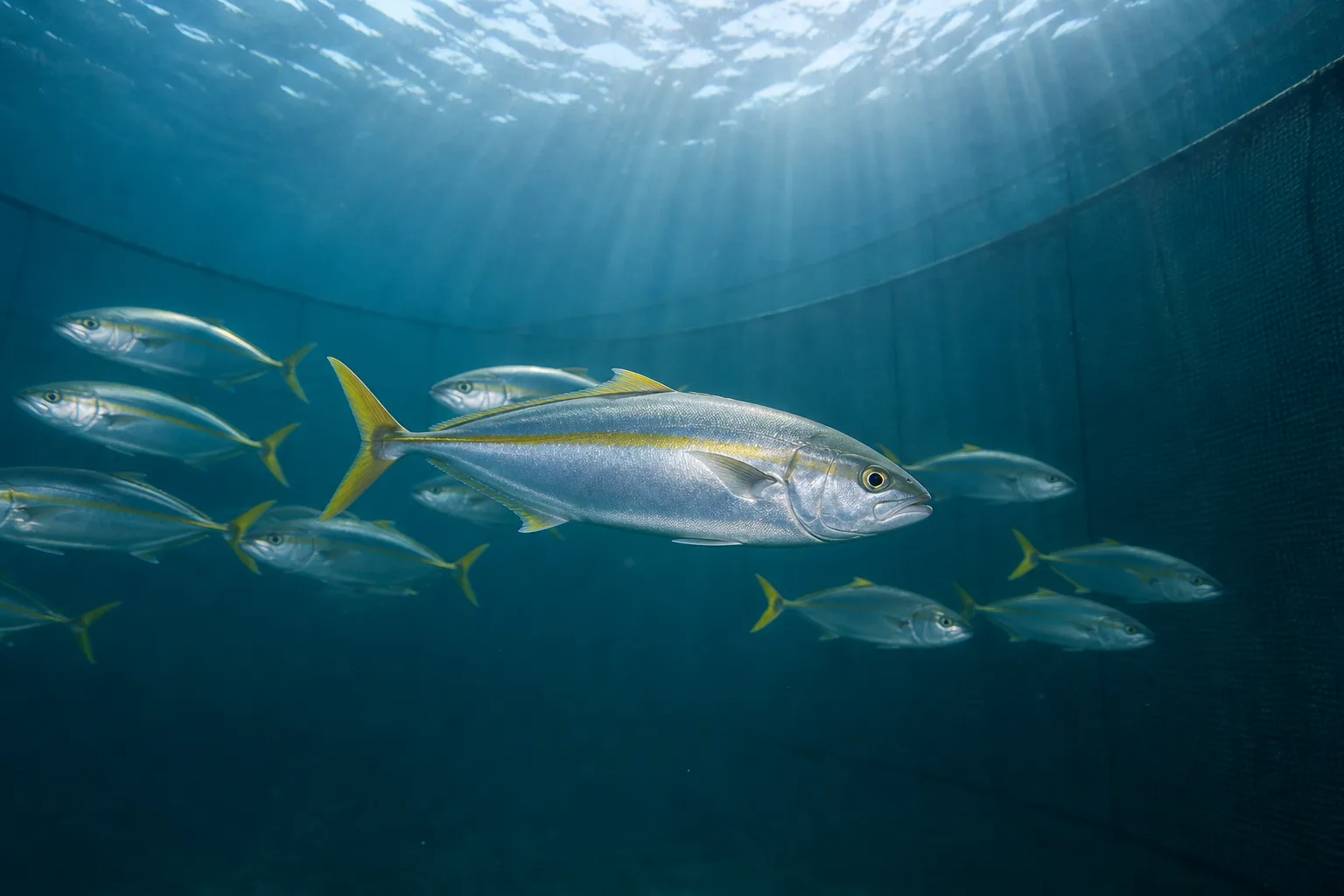 Yellowtail kingfish swimming in a slow arc inside a sea pen.