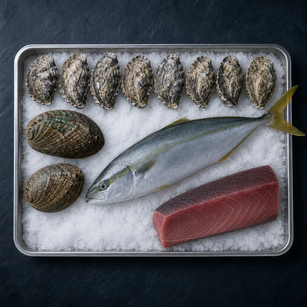 Oysters, abalone, a whole kingfish and a trimmed bluefin loin on shaved ice.