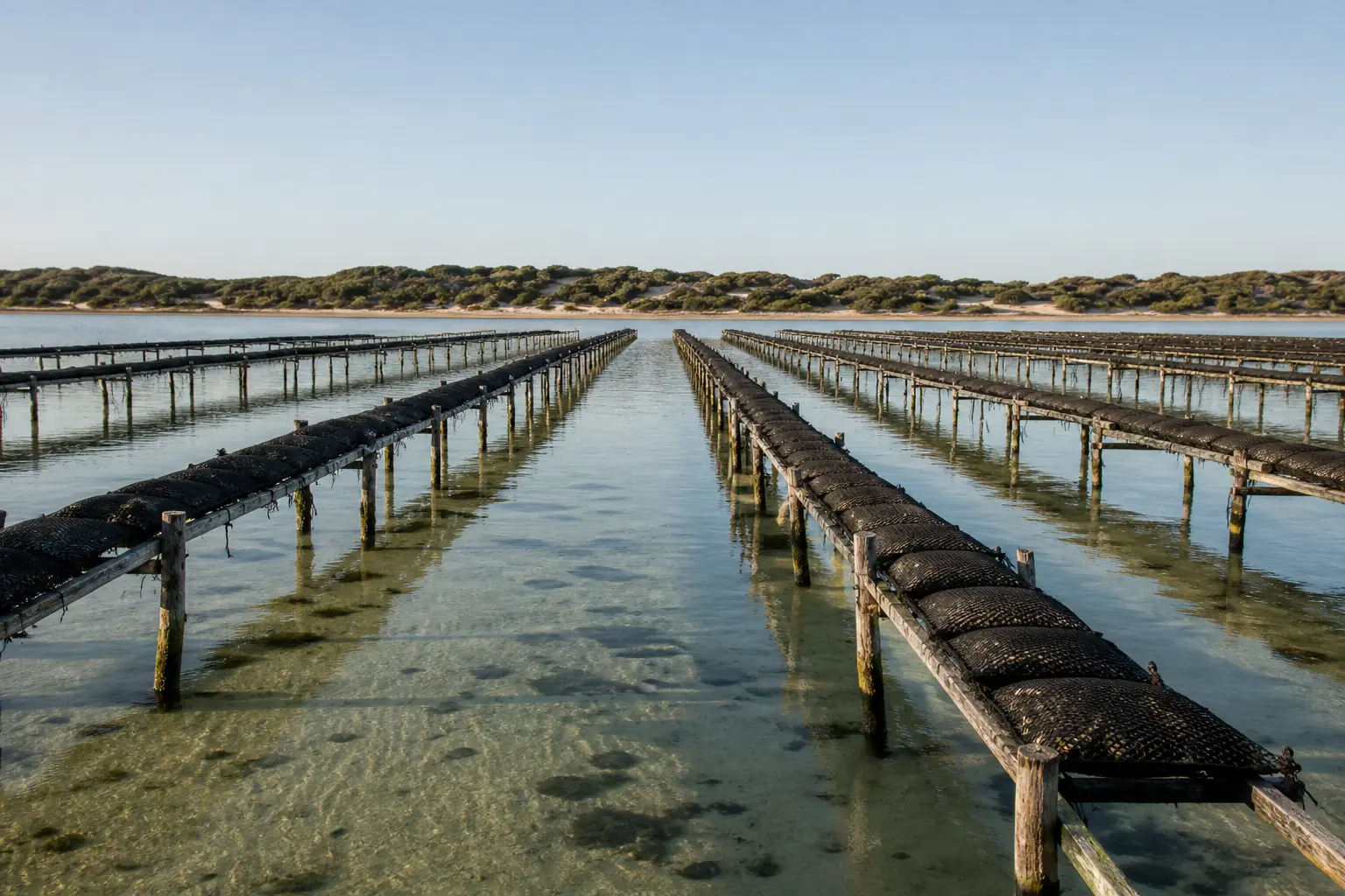Rows of oyster baskets on timber racks at low tide, in clear turquoise shallows.