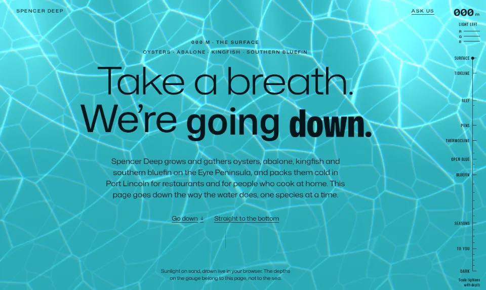 Spencer Deep's front page: bright turquoise water under moving light, a centred navy headline that narrows as it sinks