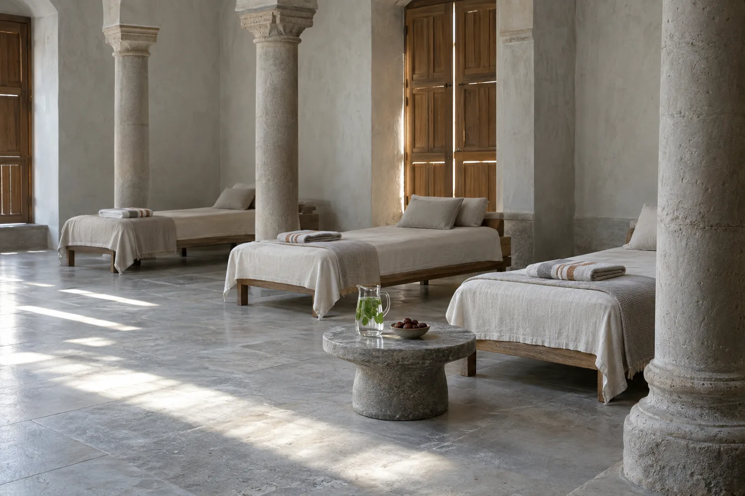 The cool room: low day beds with linen and striped towels between stone columns, a jug of mint water on a low table