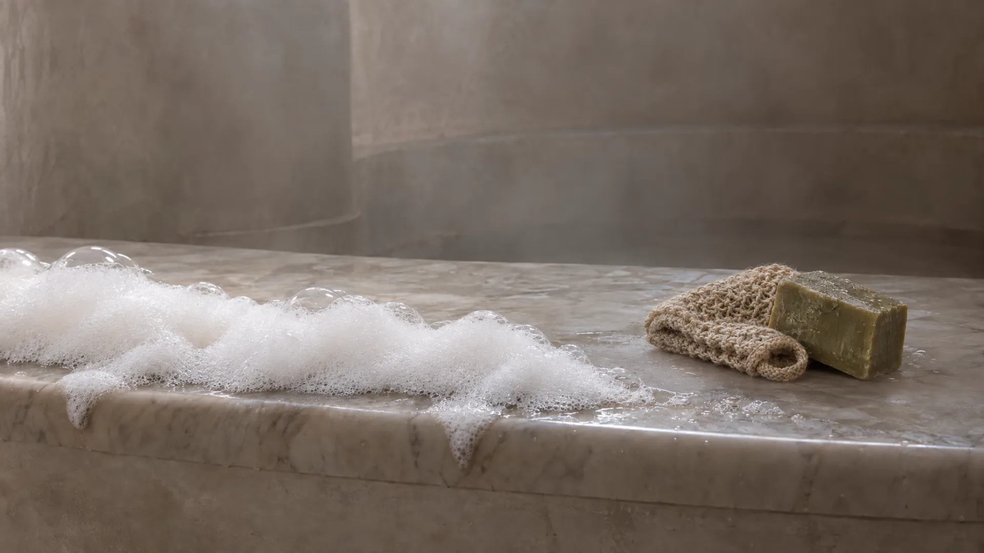 A low heap of white soap foam along the front of the heated marble slab, a woven mitt and a block of olive-oil soap beyond it