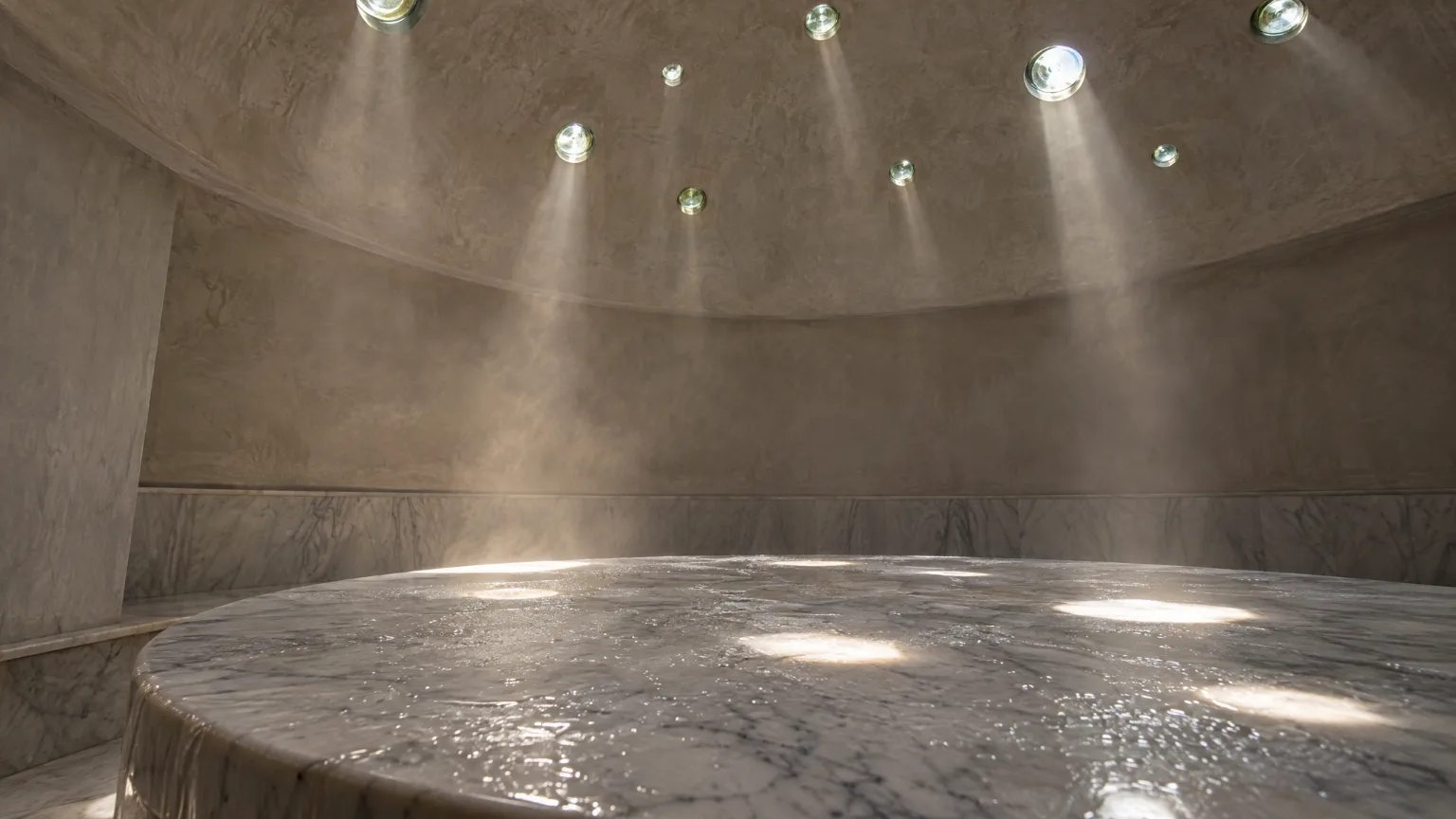 The hot room: small glass lenses in the plaster dome throwing spots of daylight on the wet marble slab
