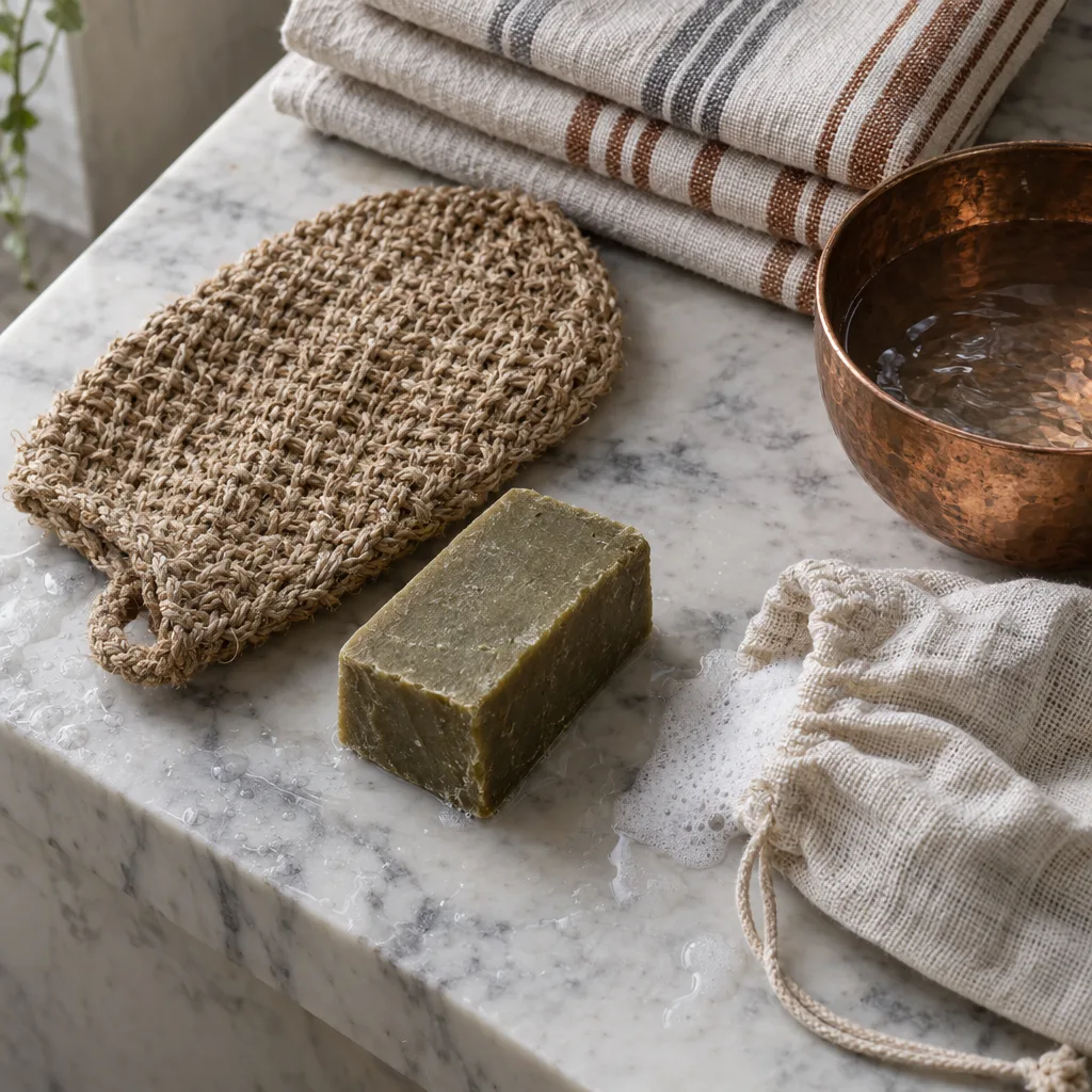 A woven mitt, a block of olive-oil soap, a cotton bag and a copper bowl on wet marble, striped towels behind