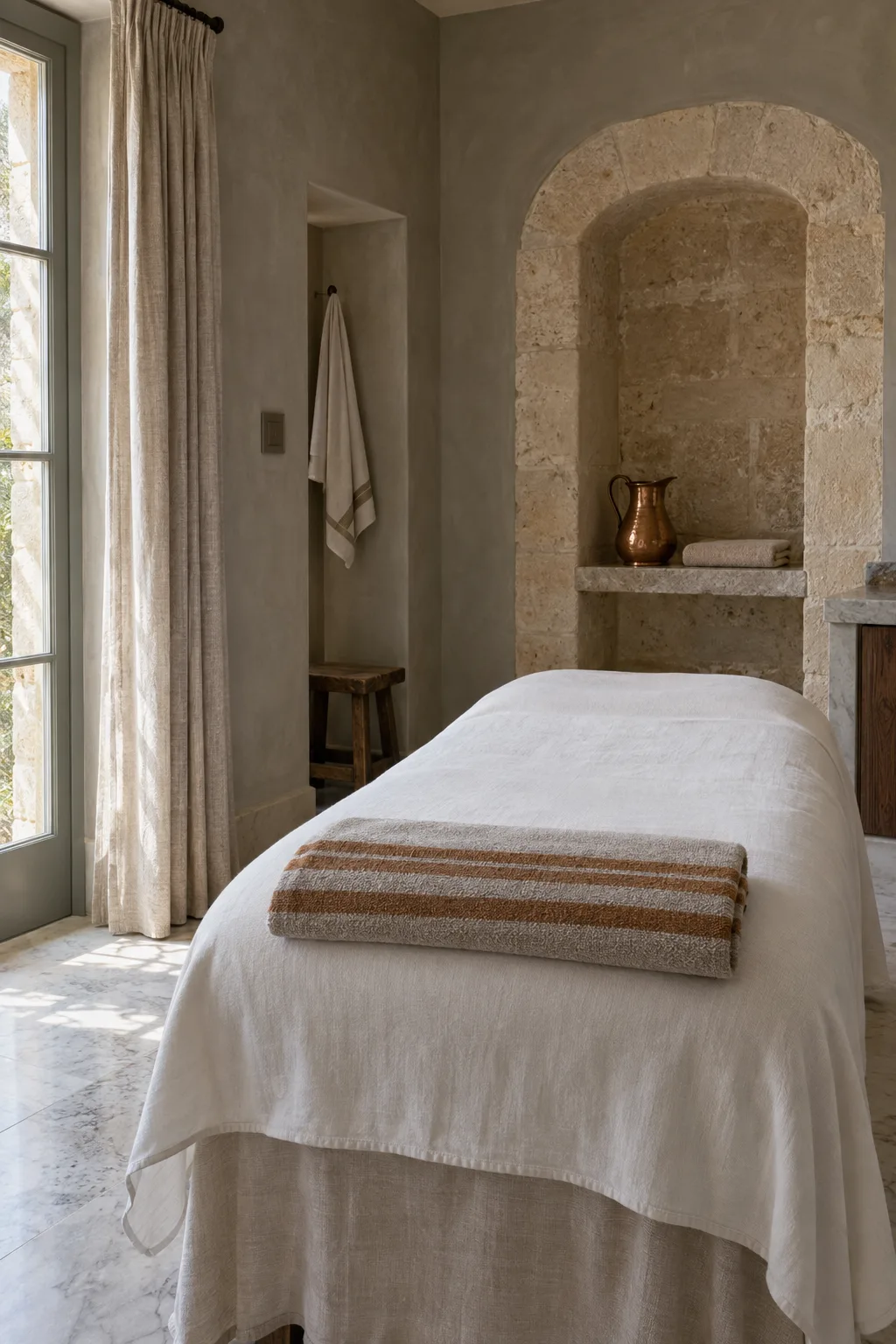 A treatment room: a covered bed with a striped towel, a copper jug on a stone shelf, light through a linen curtain
