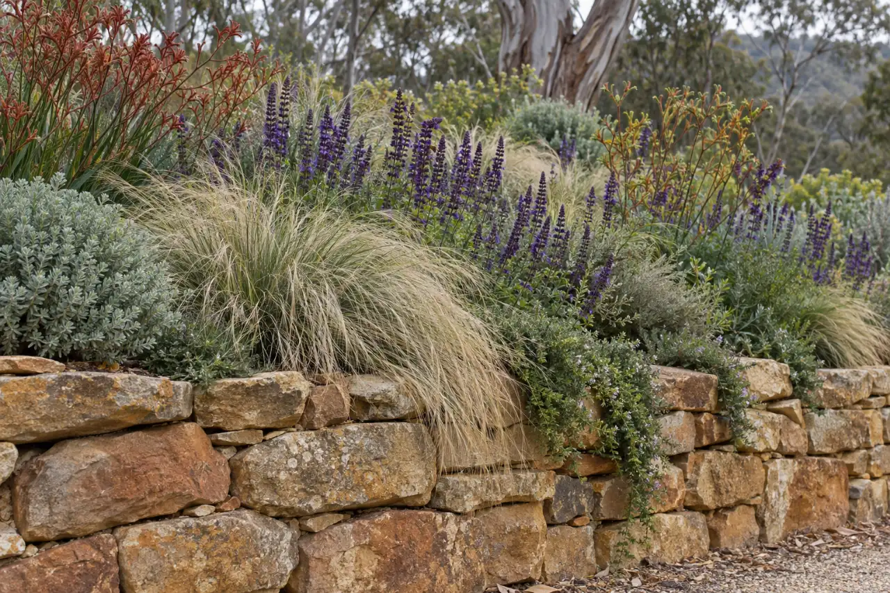 Grasses and violet salvia spikes spilling over the top of a sandstone wall