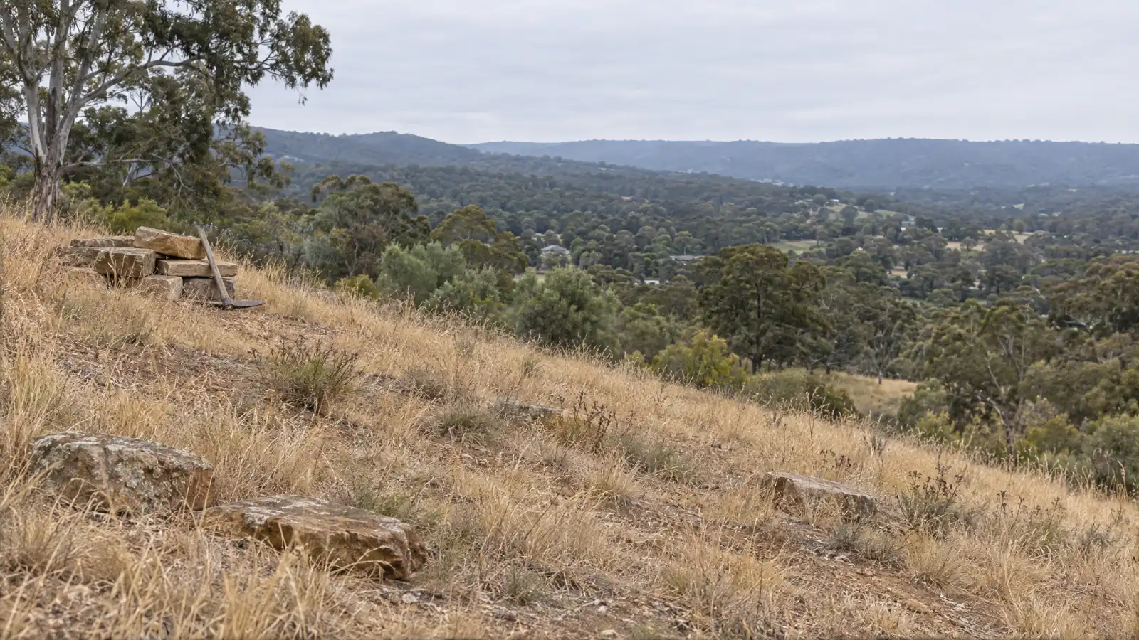 A steep bare Hills block of dry grass and clay falling away to a valley, a stack of sandstone waiting near the top