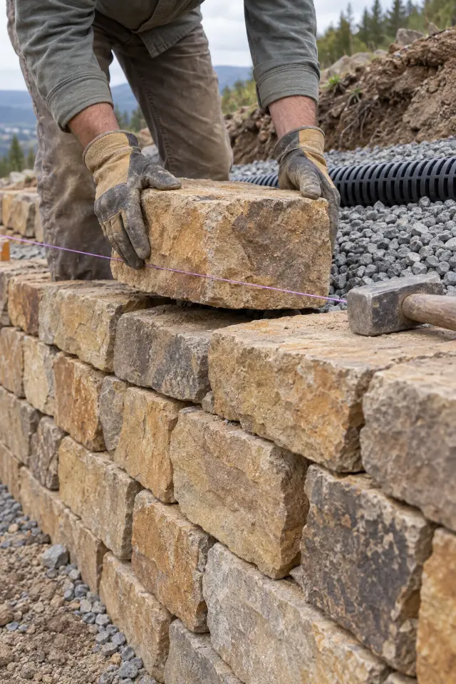 A sandstone block lowered onto the course by gloved hands
