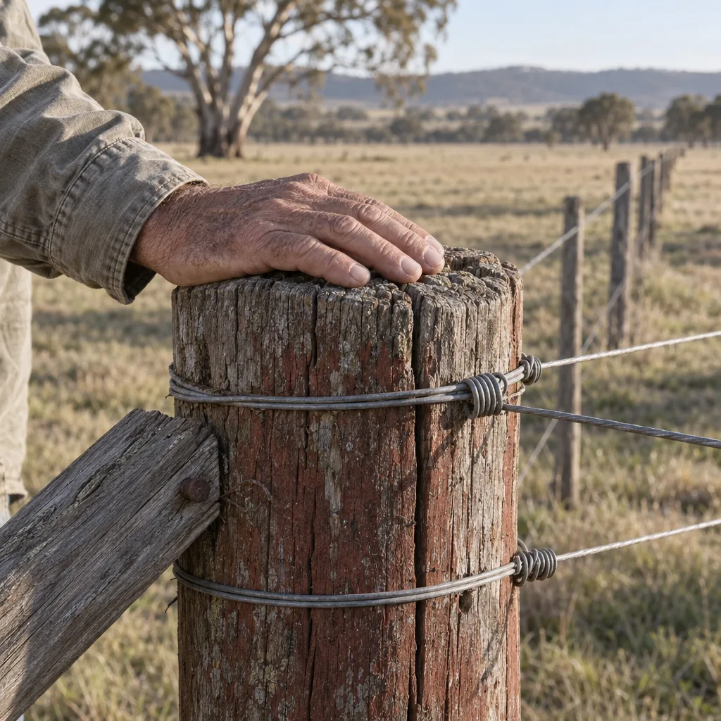 A weathered hand resting on top of an old strainer post, with the fence wires wrapped and tied off around it.