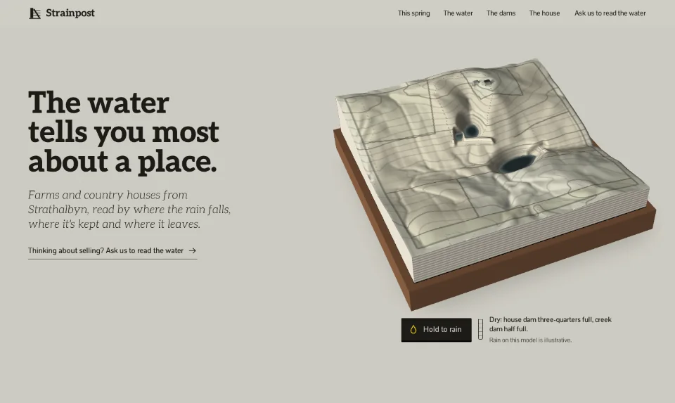 The front page: a plaster model of a farm on a timber base, its dams and creek filling with rain, beside a heavy slab headline