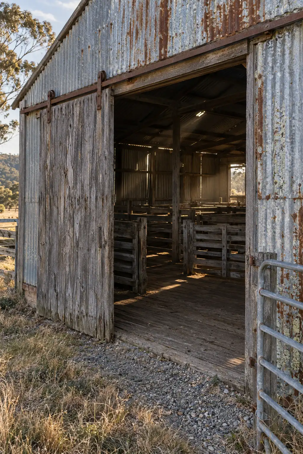 An old iron woolshed with its sliding door half open, light falling across the worn boards inside.