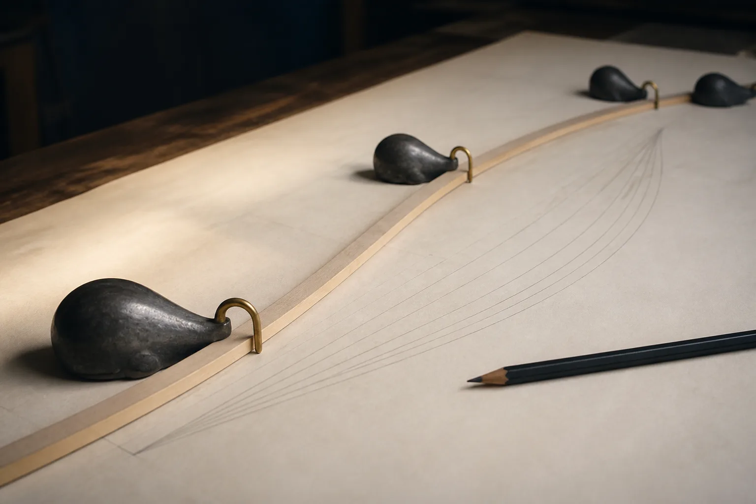 A thin timber batten bent in a fair curve across drafting paper, held down by four lead ducks.