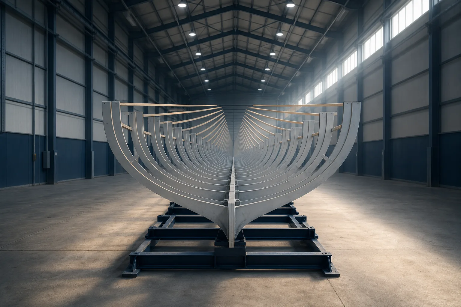 The frames of a yacht standing on their strongback in the hall, with long battens run over them, seen from the bow end.