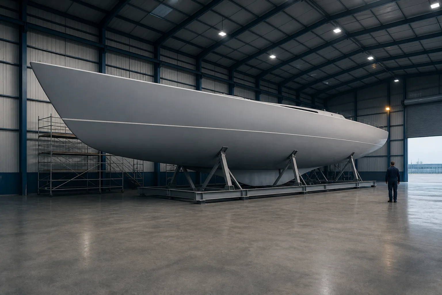 A yacht hull in grey primer standing in her building cradle in the hall, a fine painted stripe running along below her sheer.