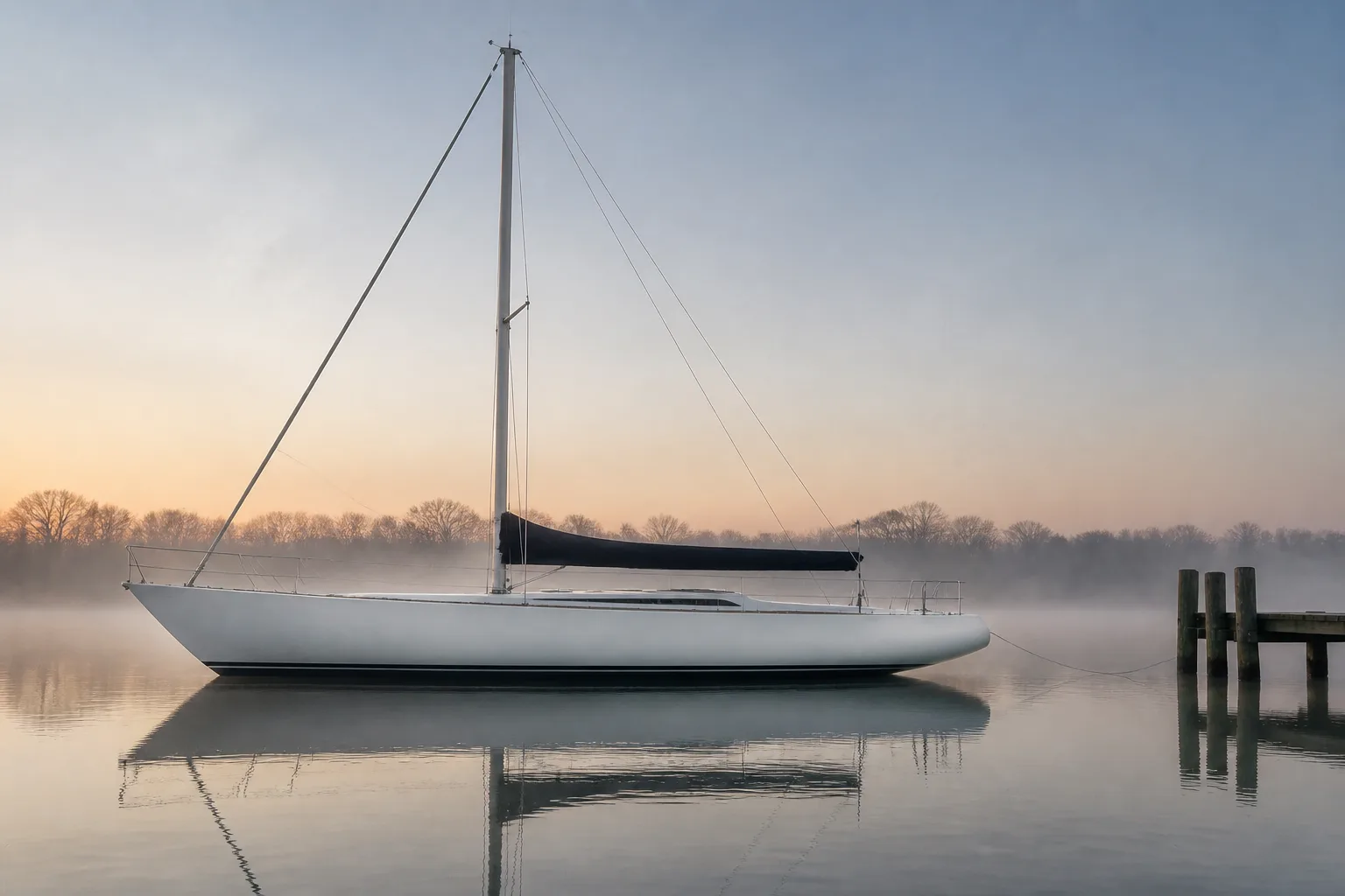 A newly finished sloop afloat at first light, her mainsail furled under its cover, lying just off a quiet wharf with mist on the river.