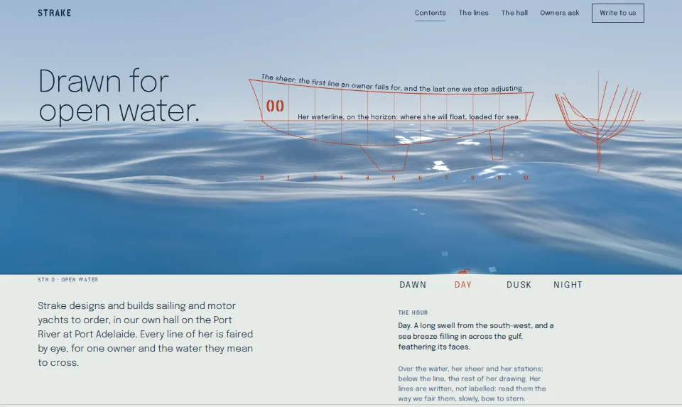 Strake's front page: a yacht's lines plan drawn in red lead over bright open water, her waterline laid on the horizon