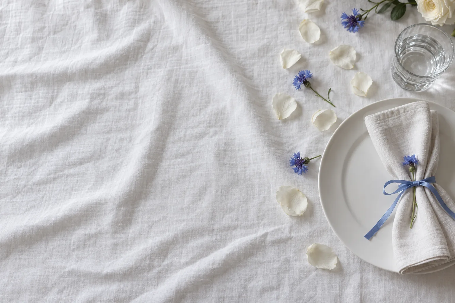 White linen from above, a plate, a napkin tied with blue ribbon and a few petals at its edge.