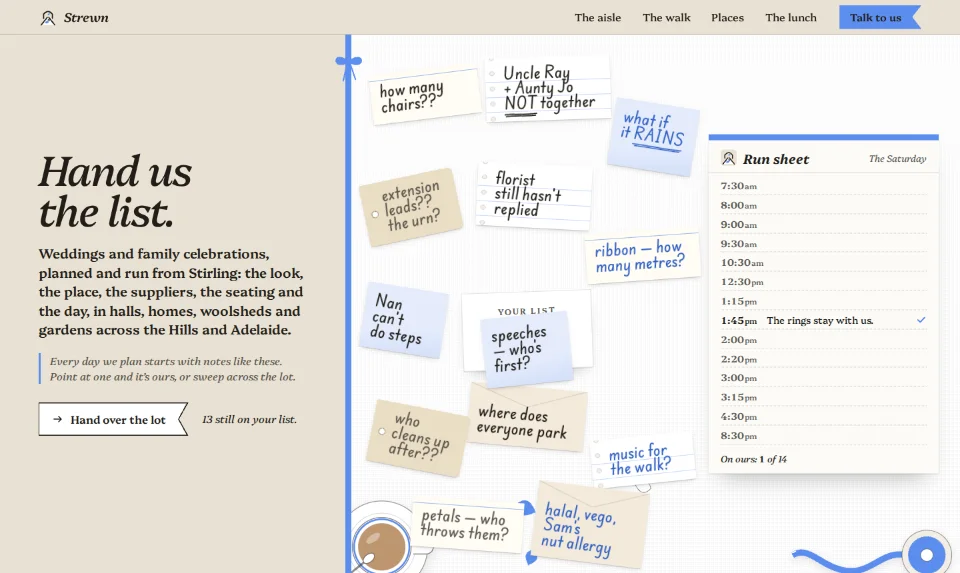 The front page: handwritten notes strewn on white linen beside a run sheet, an italic line at left