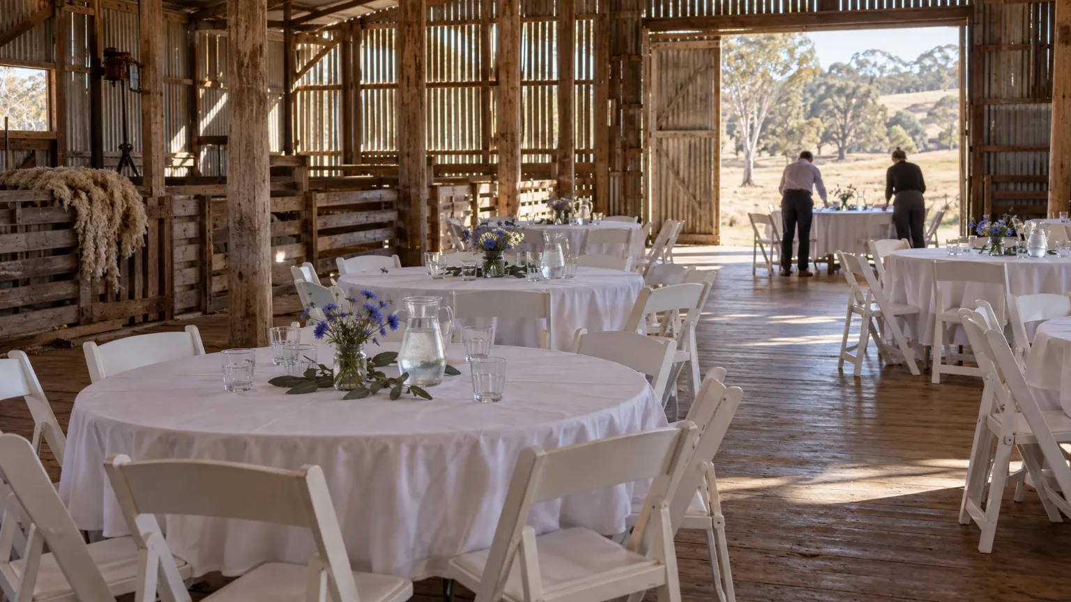 Round tables of eight in white linen inside an old Hills woolshed, jars of cornflowers on each, the far door open to dry paddocks.