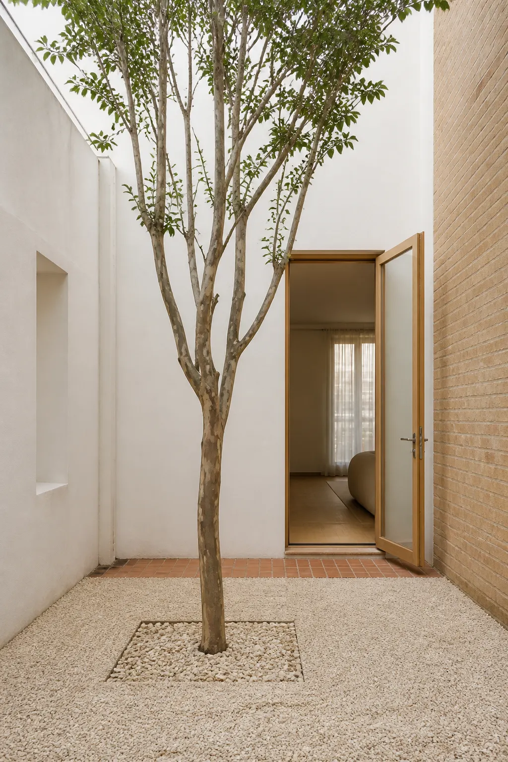 Unley courtyard house: a single crepe myrtle in a gravel courtyard between white rendered walls and a sand-brick wall, a timber door open to the room beyond