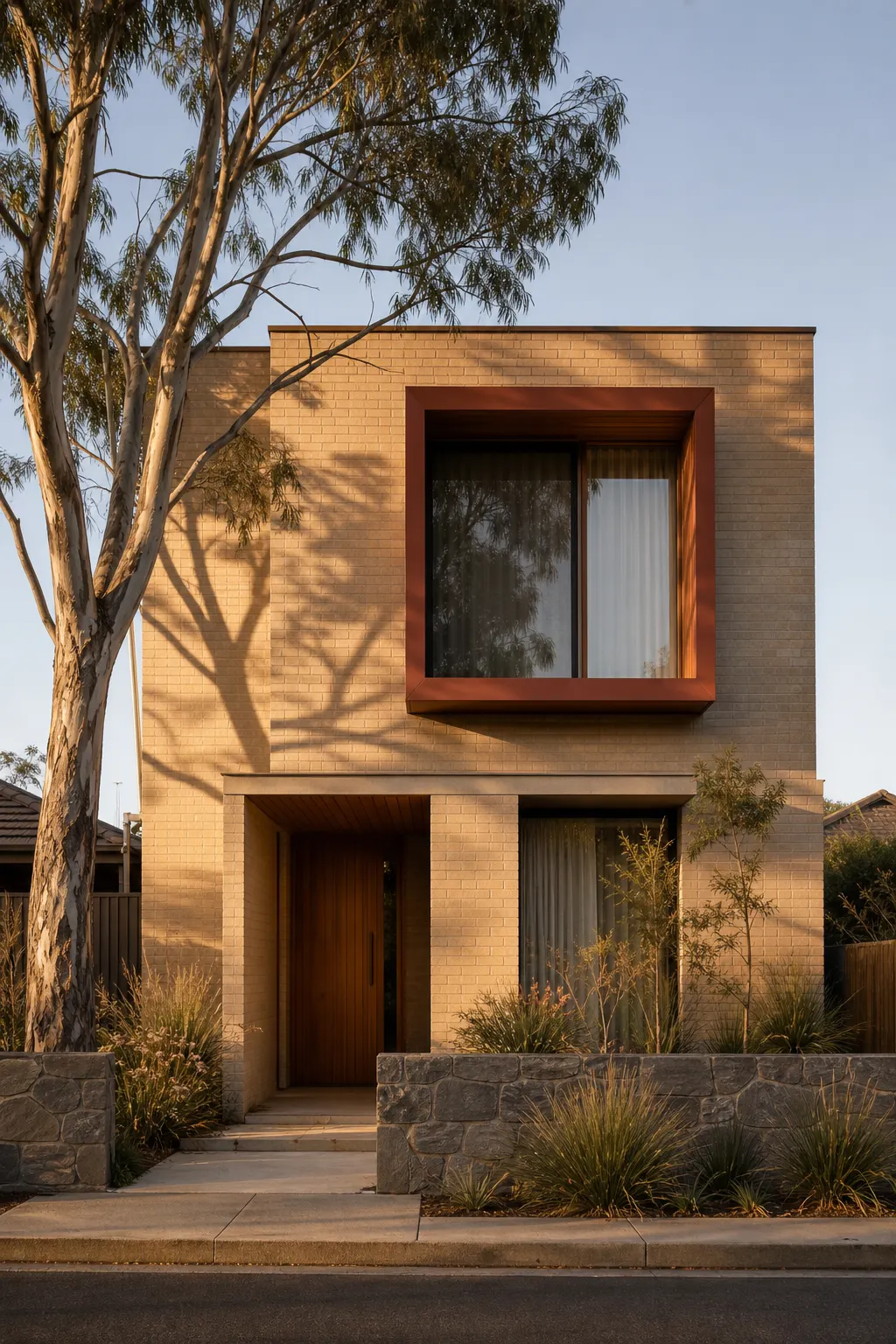 Norwood infill house: a two-storey sand-brick facade with a deep clay-red window hood, a bluestone garden wall and a gum tree at golden hour